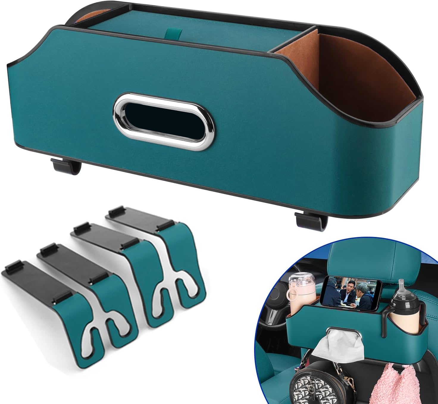 Car Seat Back Organizer - Stylish & Functional Storage for Family Adventures - Cup Holders, Tissue Box & Hooks - Perfect for Kids, Road Trips & Travel (Navy Blue)