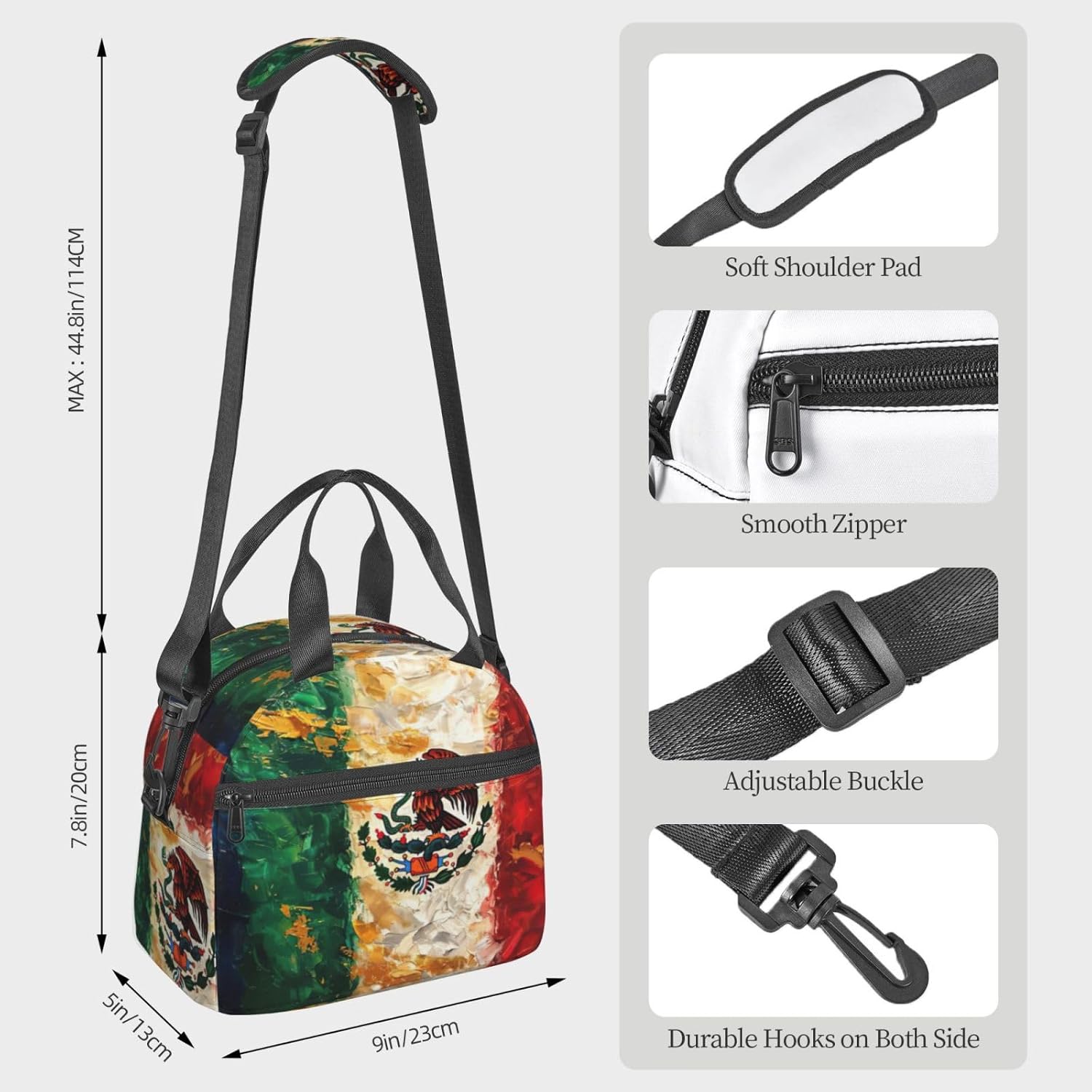 Mexican American Bald eagle Flag Print Reusable Lunch Bag Insulated Lunch Boxes for Office Work Picnic Tote Bag Adjustable