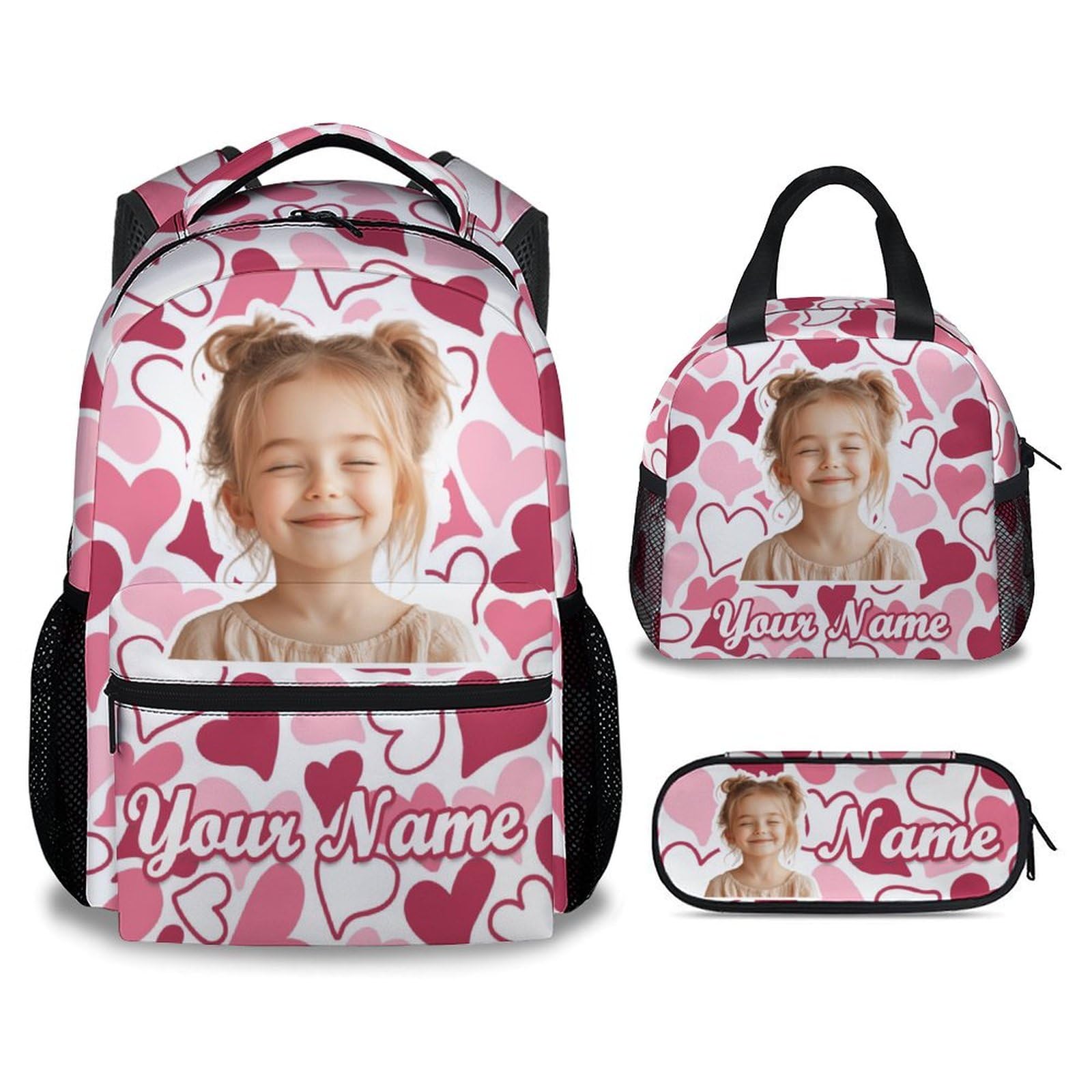 UNIKITTY Custom Backpack Set - Girls Bookbag for School - Personalized with Your Photo/Face - 17 Inch Kids Back Pack with Lunch Box and Pencil Case -