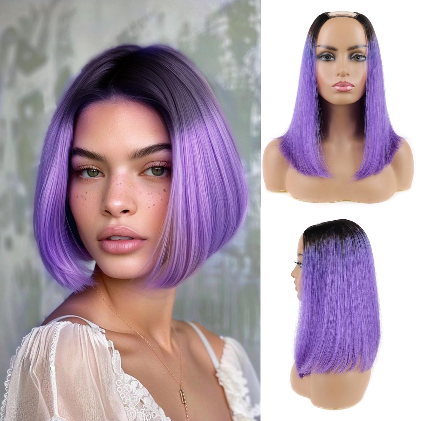 Huarisi 1b to Purple Bob Wigs U Part Human Hair 10 Inch 8a Short Straight Ombre Bob Style No Tangle None Lace U Shape Ombre Bob Wig for Women Look Natural