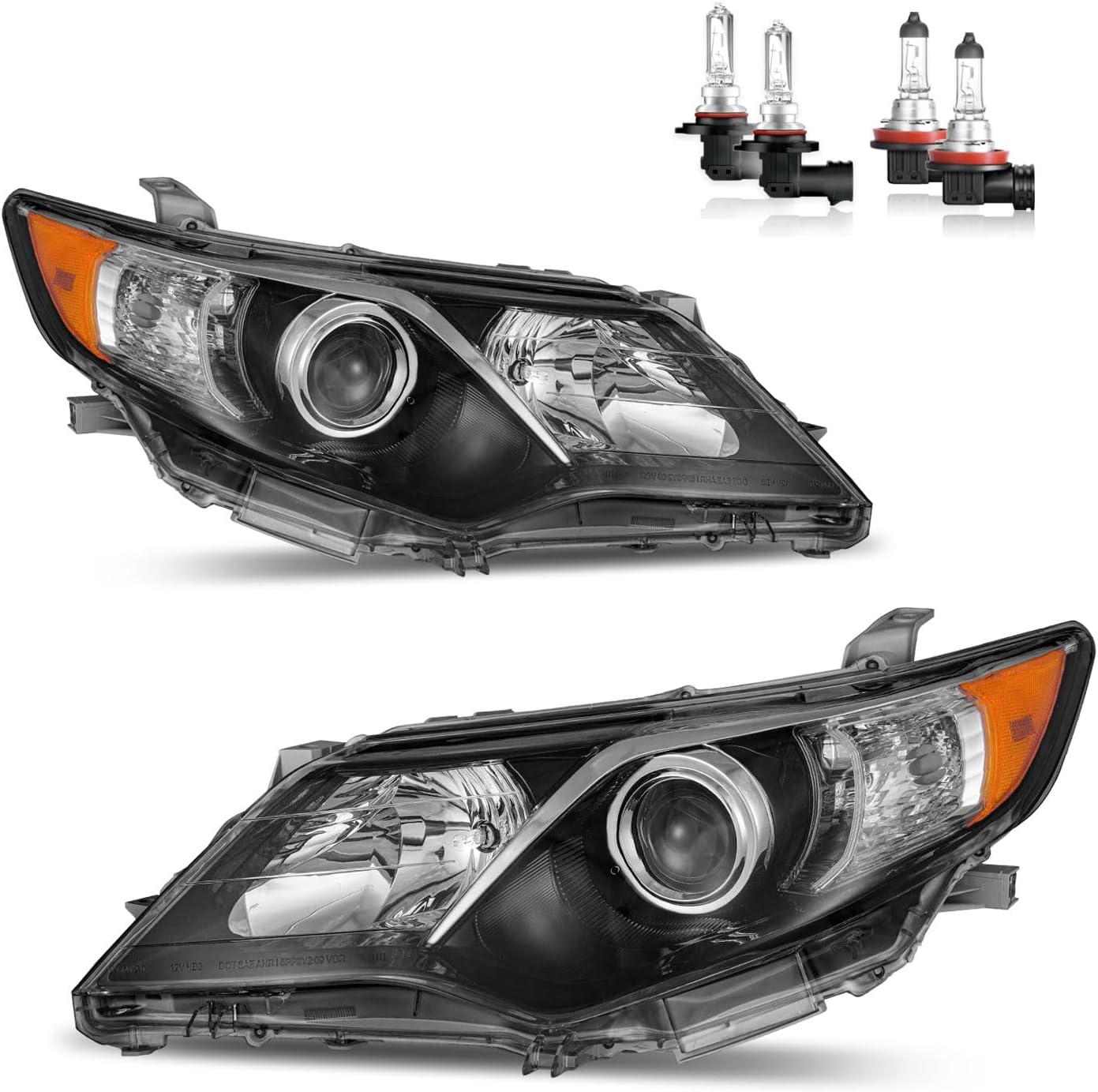 Headlights for 2012 2013 2014 Toyota Camry L/Se/Le/Xle/Hybrid Halogen Headlamp Replacement, High/Low Beam W/Bulbs, Driver & Passenger Side