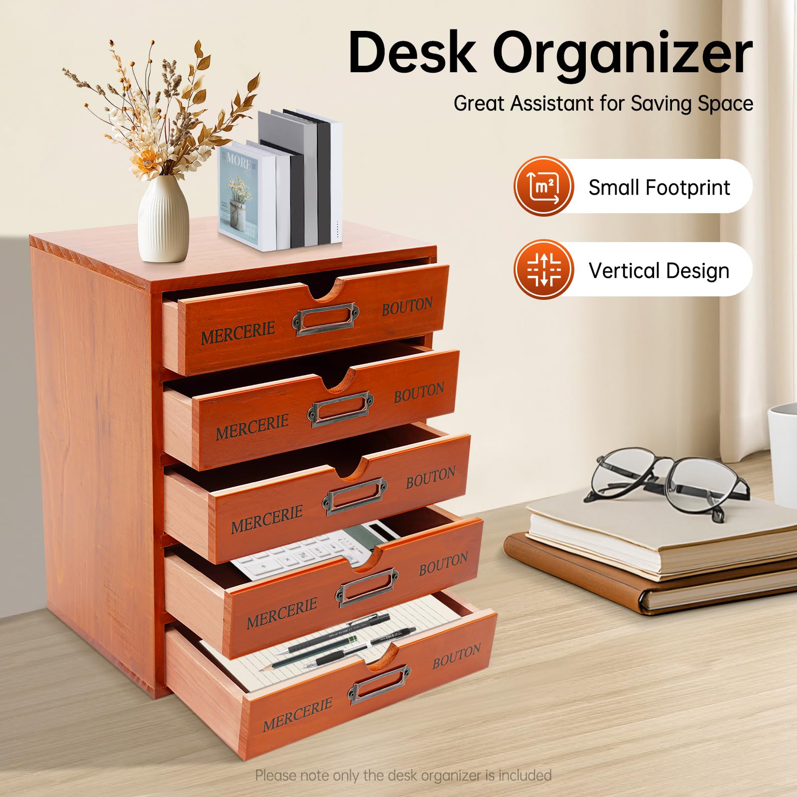 Organizer na biurko z 5 szufladami w stylu vintage, rustykalny organizer na biurko, wielofunkcyjny regał do biura, gabinetu, sypialni, salonu, domowego biura
