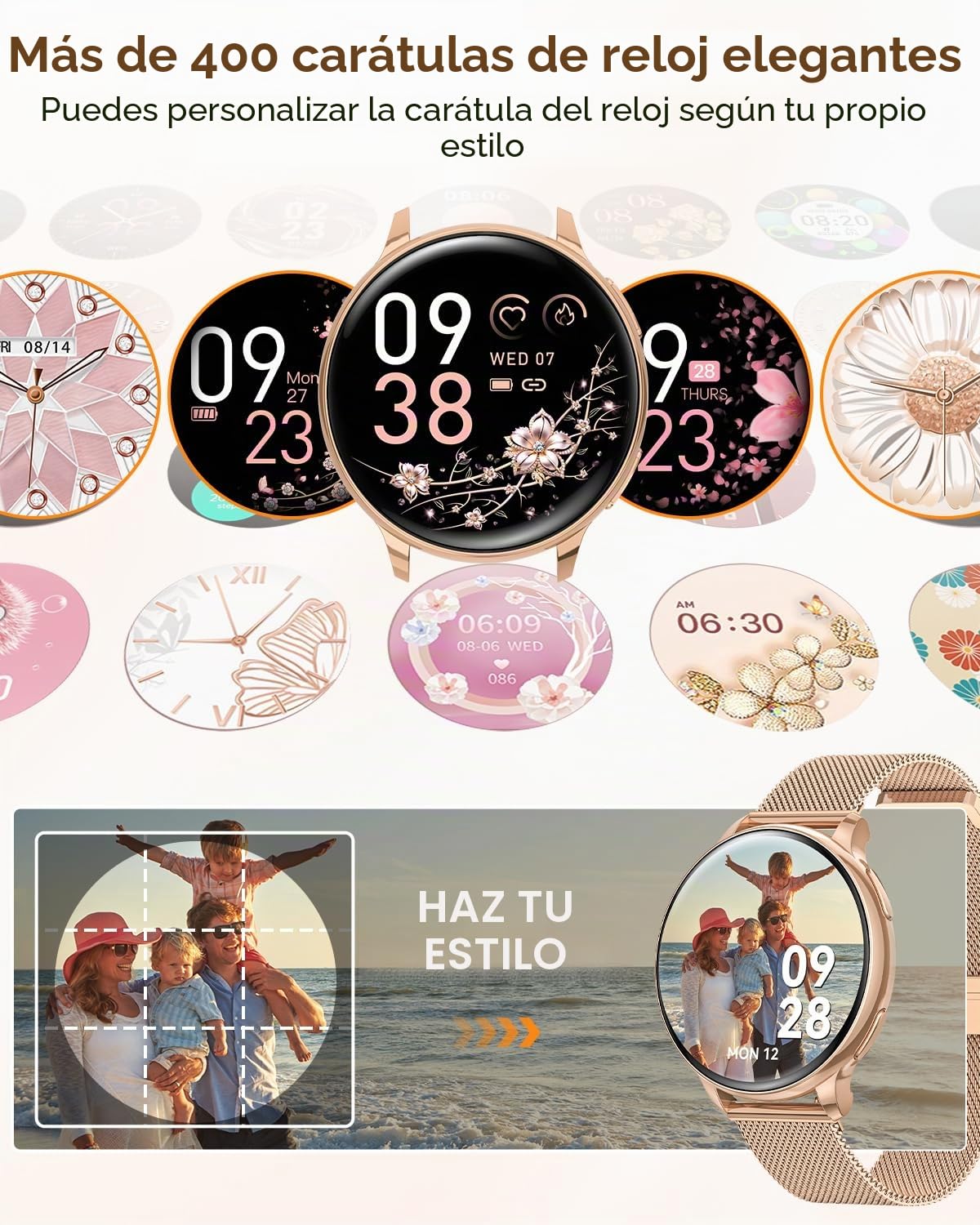 Reloj Inteligente Mujer con Llamadas Bluetooth, 1,27" HD Smartwatch Mujer con 110 Modos Deportivos, Función Femenina, Pulsómetro SpO2 y Sueño, IP68 Impermeable Smartwatch para Android iOS, Oro