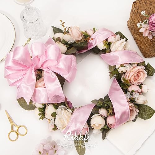 Miniatura 3 de Ribbli Cinta de satén rosa claro con alambre de 1.5 pulgadas, cinta de Navidad rosa para envolver regalos, coronas, guirnaldas, decoración de