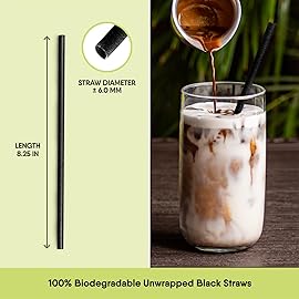 The Veggie Straws - 300 PCS of 8.25 Inches Unwrapped Biodegradable Black Straws - Made of Vegetable Fibers, Best Environment Friendly Drinking Straws for Hot and Cold Beverages
