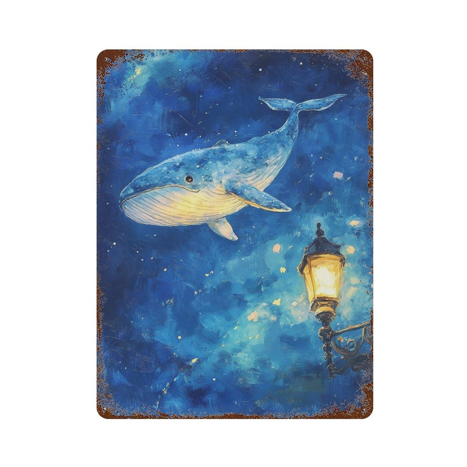 Whale Lamp Night Sky 15.7"x11.8" Retro Metal Sign, Shabby Chic Decor for Garage, Bar And Workshop Decor