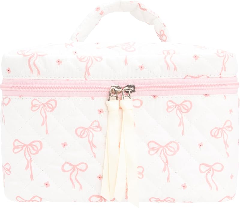 Necessaire de maquiagem acolchoada PAZIMIIK Bow Pink com zíper