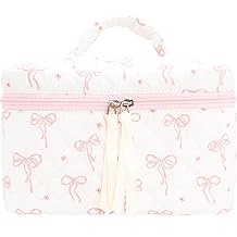 Quilted Makeup Bag Large Travel Zipper Soft Cosmetic Case for Women Girls Make Up,Bow Pink