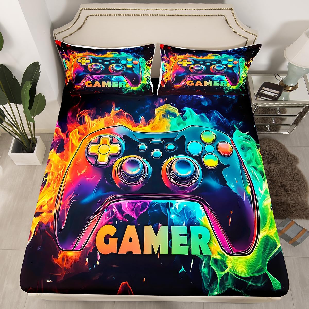 jejeloiu Gamer Bed Sheets Set Twin Size Gaming Bed Set for Kids Boys Girls Game Room Decor Deep Pocket Fitted Sheet Gamepad Breathable Soft Lightweight Microfiber
