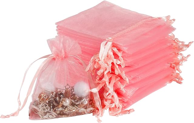 YQL Blush Pink Organza Gift Bags, 100PCS 8X10cm Small Mesh Jewelry Pouches Party Favour Bags with Drawstring for Wedding Baby Shower Christmas
