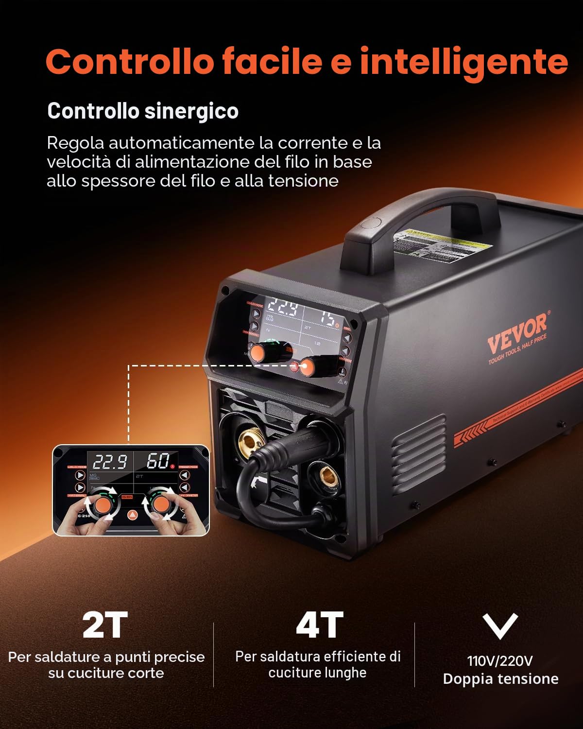 VEVOR Stazione Saldatura MIG Corrente Uscita 250 A, Saldatrice MIG Sinergica Portatile Senza Gas MIG Gas MMA Lift TIG AU TIG 5 in 1 IGBT Tecnologia Inverter Schermo LCD, Torcia Lift TIG Non Inclusa