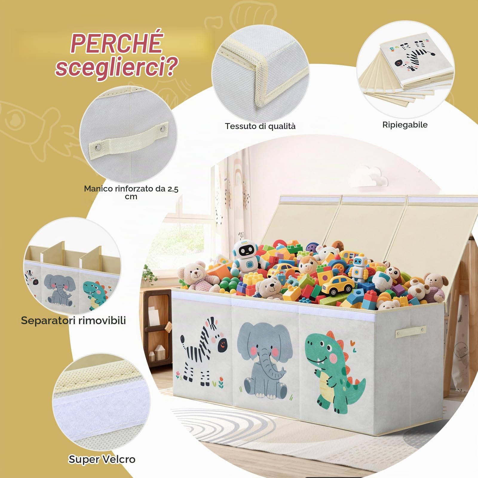 ELUCHANG Scatole Portaoggetti per Bambini，Contenitore Porta Giochi con Coperchio，147 L Porta Giochi Bambini Contenitori Pieghevole per Giocattoli, Vestiti, Guardaroba, Libri, Beige