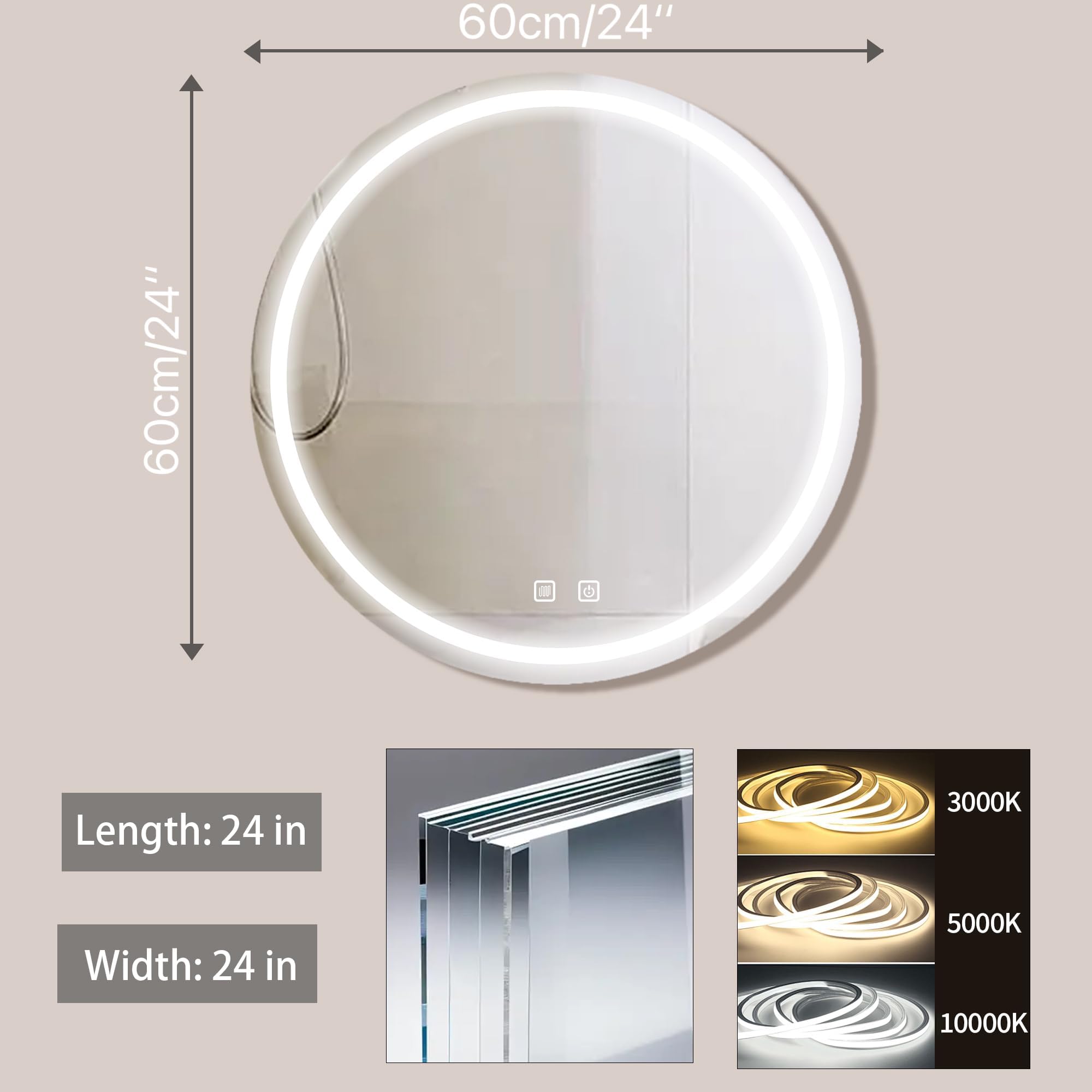 Specchio da Bagno LED con Illuminazione,Specchio Rotondo con Illuminazione,3 Colori di Luce Dimmerabili,Specchio da Bagno con Interruttore Touch e Antiappannamento,3000K-10000K (60 cm)