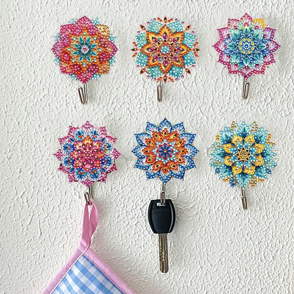 YUE ZHE 6 PCS Diamond Painting Kits for Adults DIY Diamond Art Painting Wall Hook Key Holder Wall Adhesive Hook Mandala Theme Arts and Crafts DIY Kits for Towel Hat Kitchen Decoration