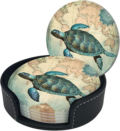 Miniatura 4 de Posavasos de gnomo de Navidad para bebidas, posavasos de cuero de copo de nieve de Navidad con soporte, 6 unidades, juego de posavasos redondos para