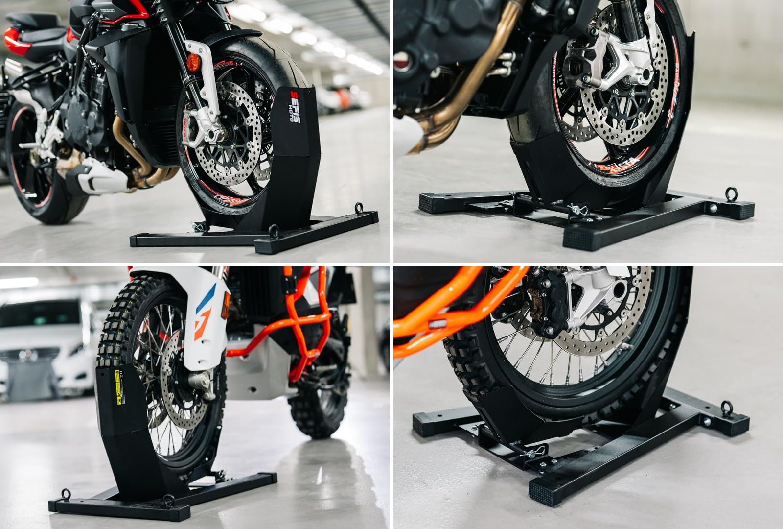 SEFIS C20 Soporte de transporte para motocicleta delantera de moto, balancín de motocicleta, soporte de transporte, para neumáticos delanteros de 16 – 21 pulgadas, montaje en suelo, abrazadera de