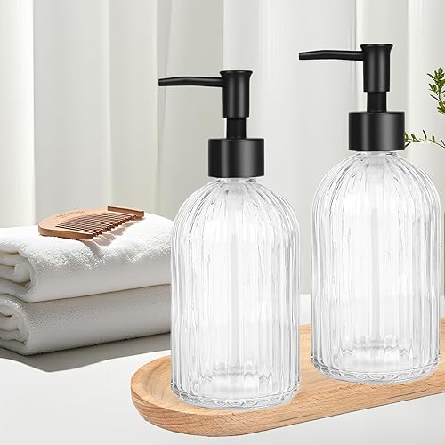 Miniatura 5 de Dispensador de jabón de vidrio transparente con bomba, dispensador de jabón de manos a rayas de vidrio de 13.5 onzas, dispensador de líquido de mano