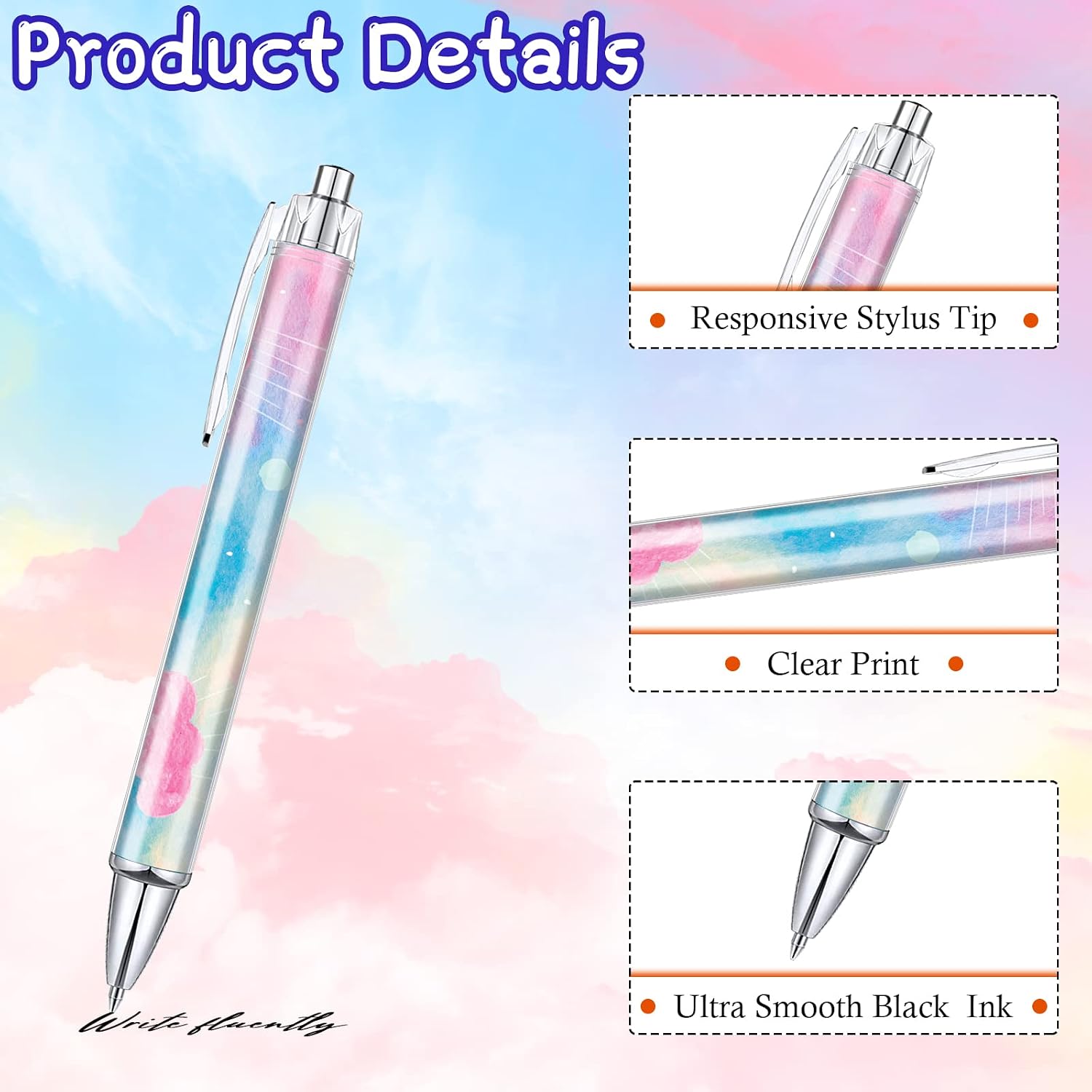 Gueevin 10 Pcs Motivational Pens with Stylus Tip, Black Ink, Watercolor image 2