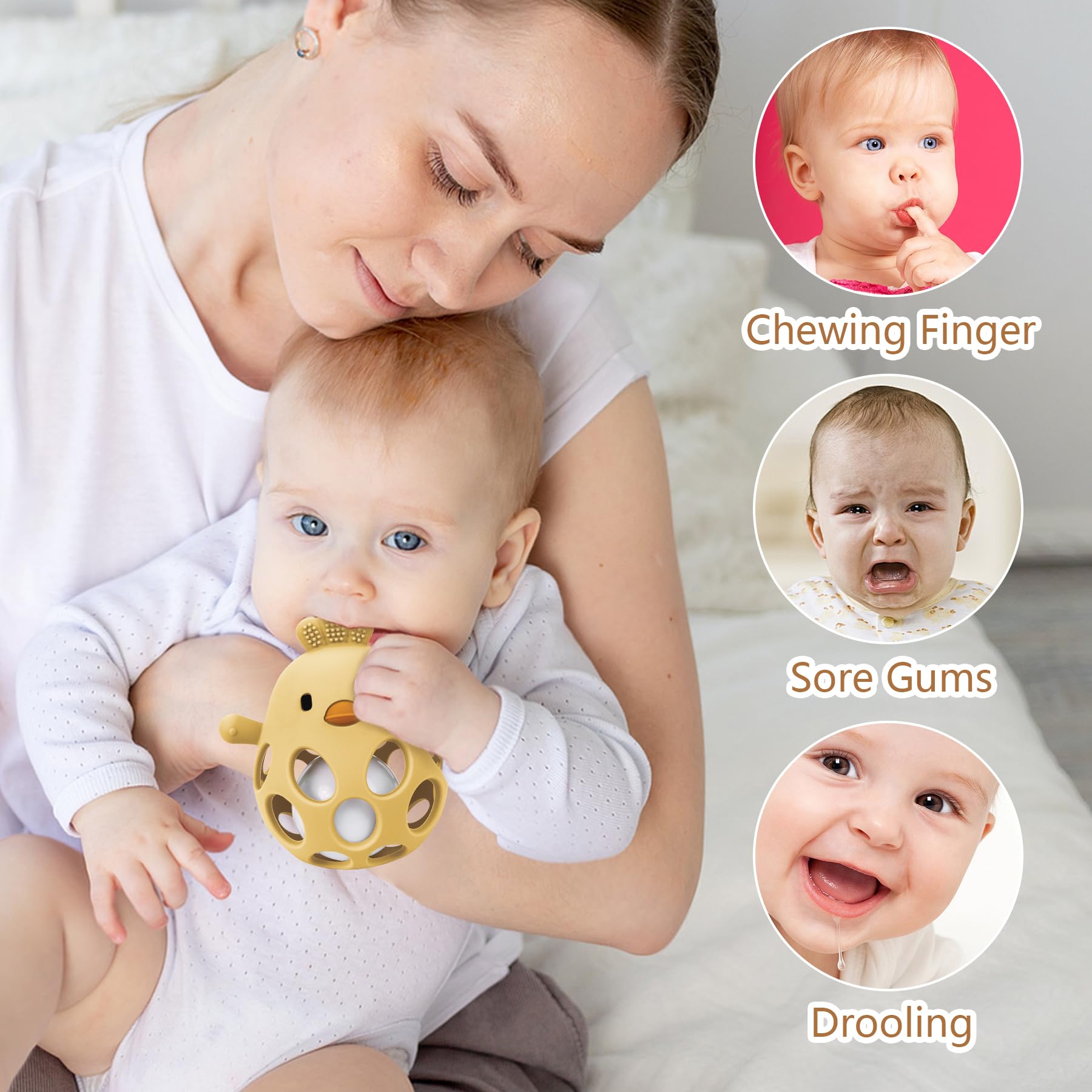 MCGMITT Palla presa Con Sonaglio – Massaggiagengive in Silicone BPA-free per Neonati, Giocattolo Sensoriale Montessori a Forma di pollo per Dentizione e Sviluppo Precoce 0-24 Mesi Bambini – Giallo