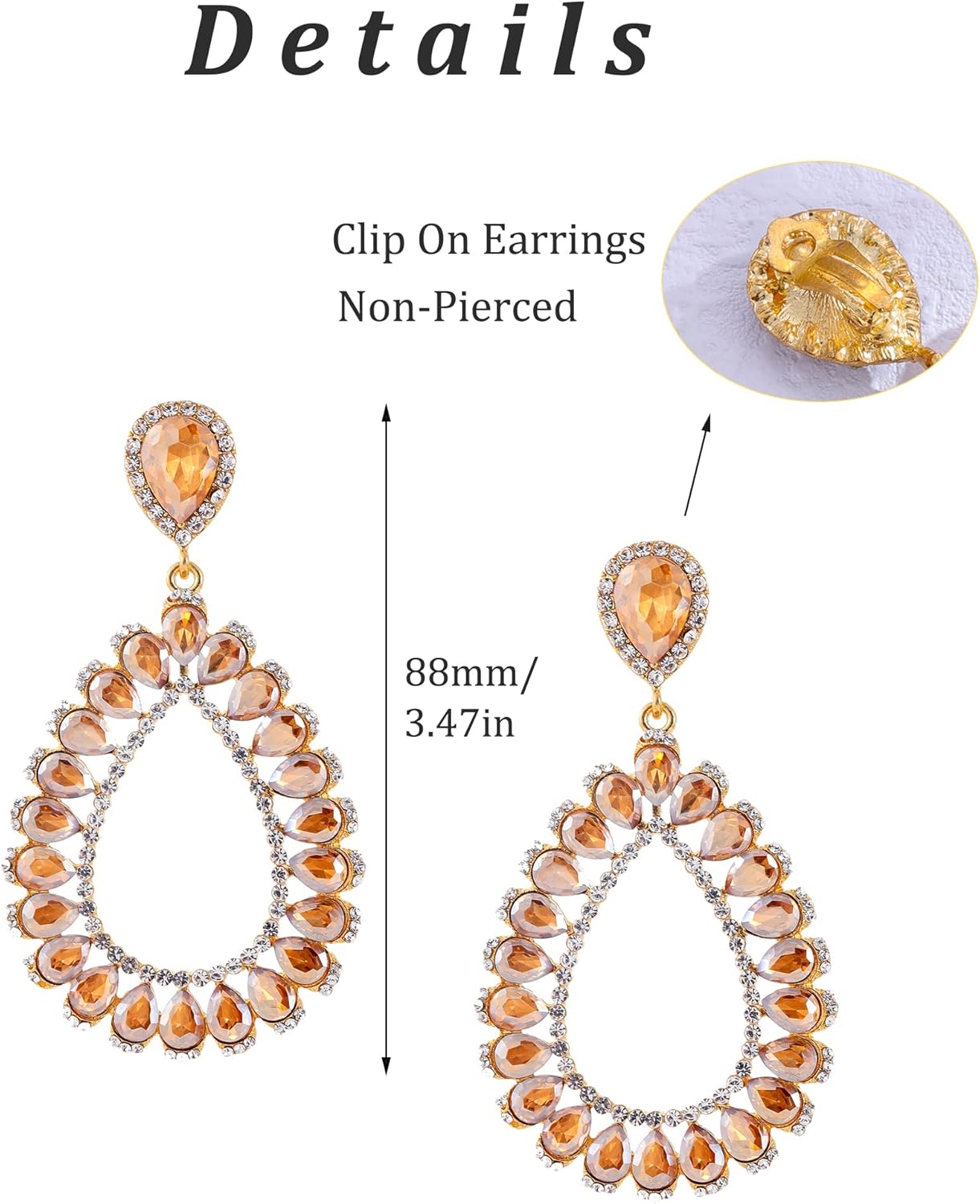 Statement Clip on Earrings Imitation Rhinestone Crystal Big Teardrop Clip on Earrings for Women Hypoallergenic Clip Drop Dangle Earrings for Wedding Bride Formal Party Mother's Day Gift - Image 6