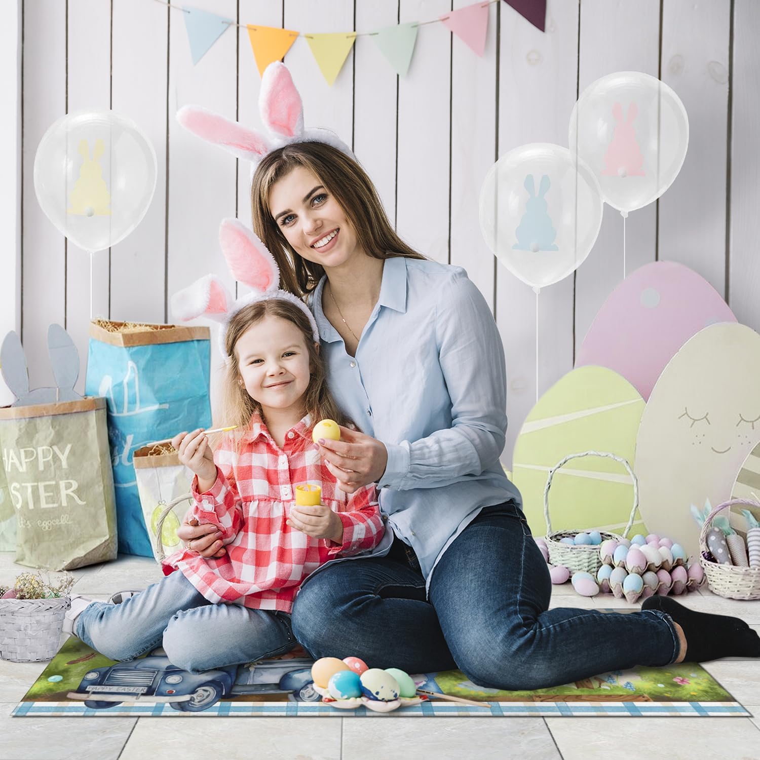 Easter Kitchen Rugs Set of 2 Non Skid Kitchen Floor Rug and Mat Spring Kitchen Rug Area Mat Carpets for Seasonal Floor Decor 17"x47"+17"x30"