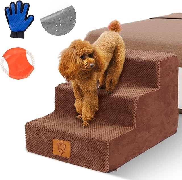 Masthome Dog Steps, 3 Step Foam Dog Stairs for Small Dogs & Cats, Non-slip Pet Ramp Ladder for Bed Sofa with Washable Cover, Send Dog Frisbee & Pet Glove, 40 x 38 x 30 cm