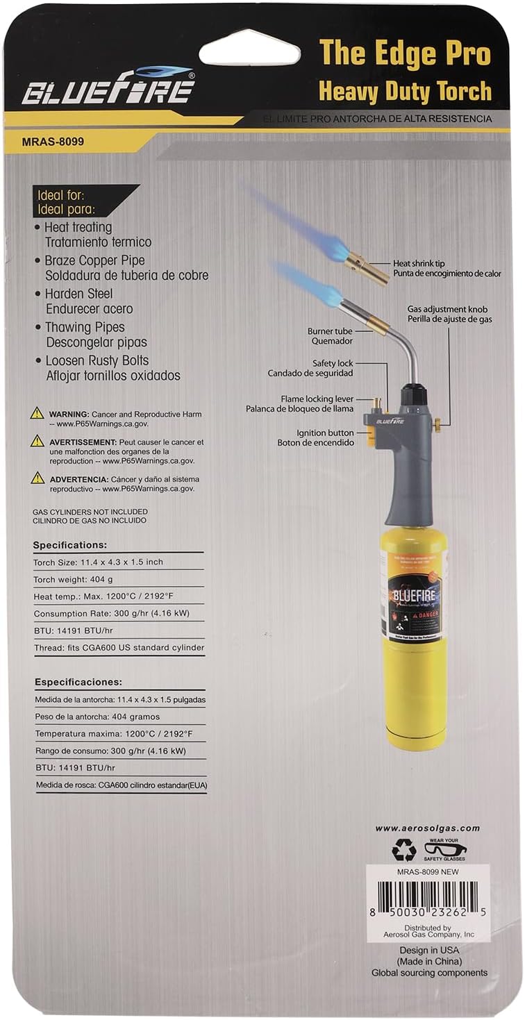 BLUEFIRE MRAS-8099 Auto Trigger Start Interchangeable Shrink Tube Heavy Duty Gas Welding Torch Head Adjustable Swirl Flame Portable Nozzle Fuel by MAPP MAP Pro Propane 1lb Tank Bottle (2 Tubes Kit)