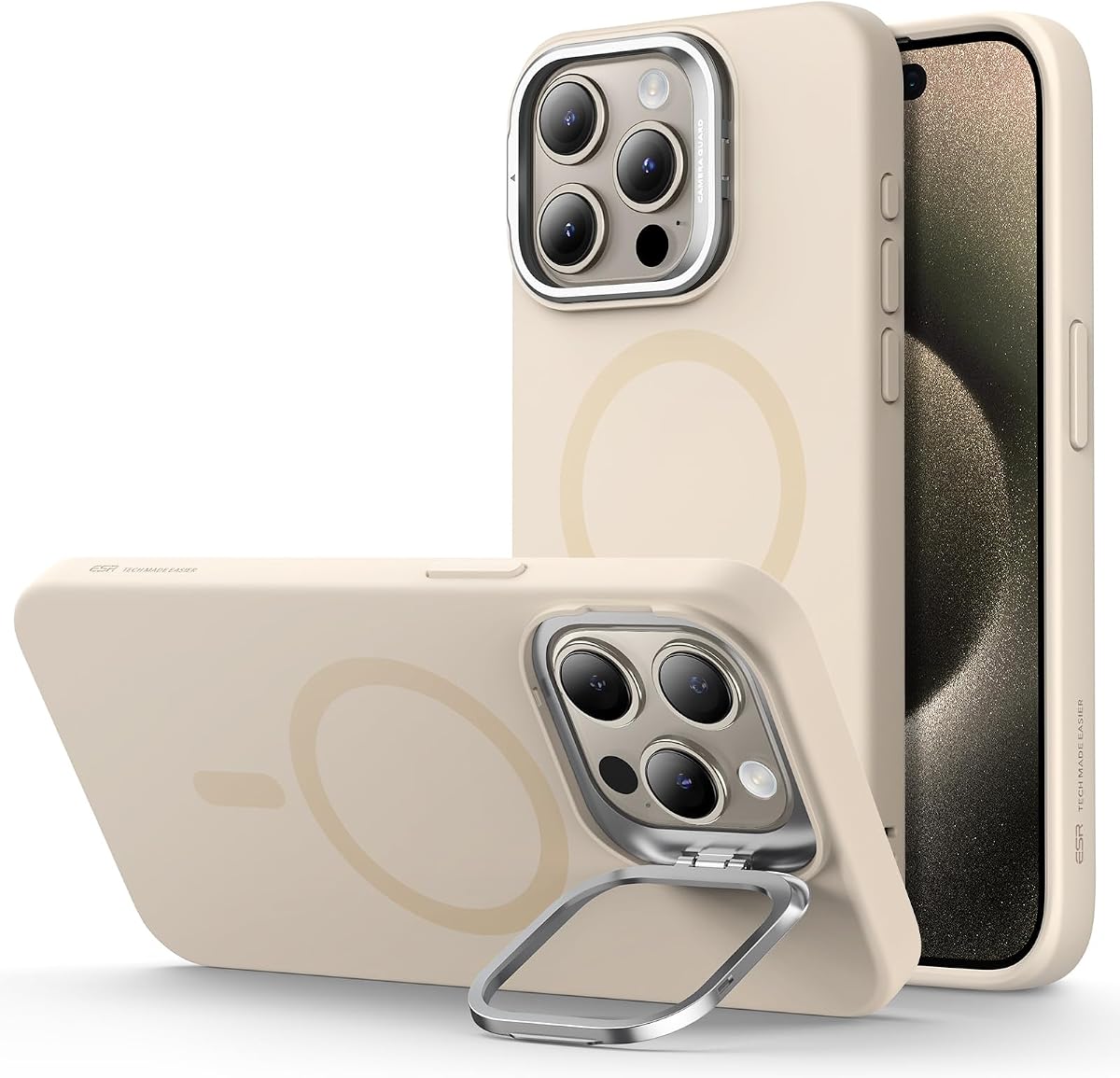 ESR Funda de silicona MagSafe con soporte incorporado para iPhone 15 Pro Max - Protección de grado militar, estuche para cámara y funda magnética para teléfono, serie Cloud, color tostado claro | Caja del teléfono del silicón, compatible con MagSafe, protección contra caídas de grado militar, delgada