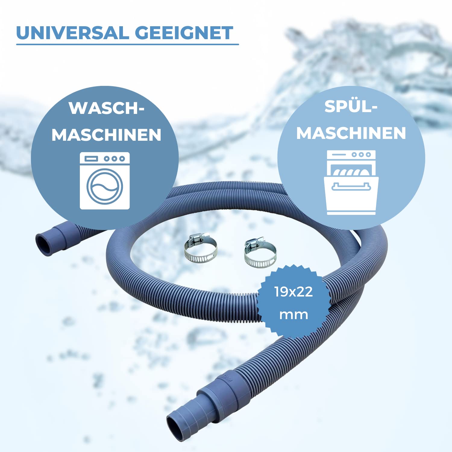 LICHTBLAU Ablaufschlauch Verlängerung 3m Waschmaschine Geschirrspüler | Komplettes Set inkl. Schlauchschellen I Wasserablaufschlauch universell verwendbar Hersteller unabhängig,