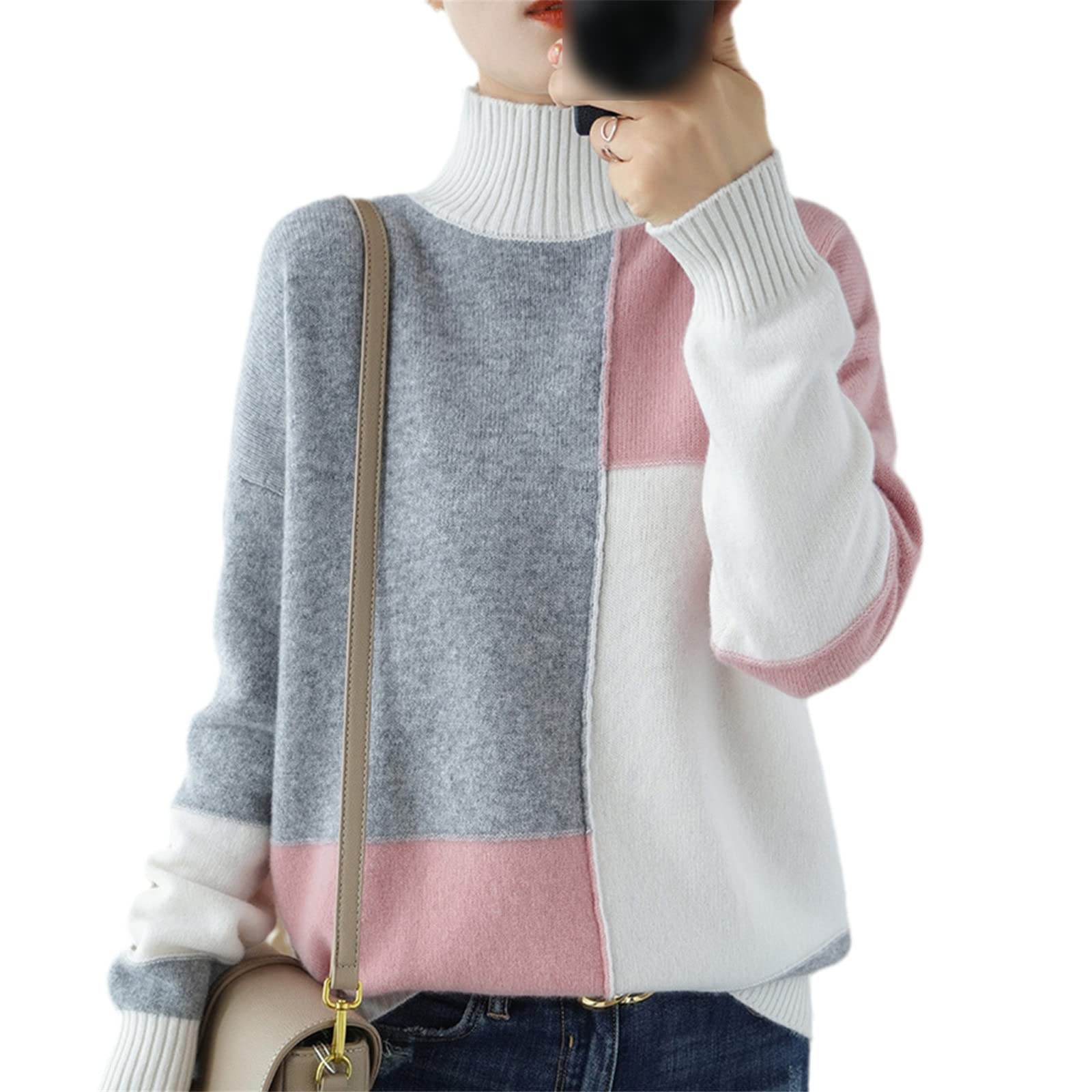 Kelsiop Maglione di cachemire Dolcevita da donna Color-Blocking 100% Lana Pullover Moda Caldo Maglia Bottoming Shirt