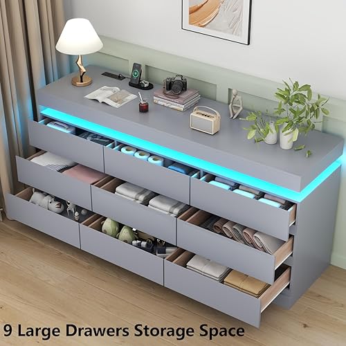Miniatura 5 de Cómoda de 9 cajones con toma de corriente, cómoda con luz LED, cómoda moderna para armario, gabinete organizador de cajones doble ancho para