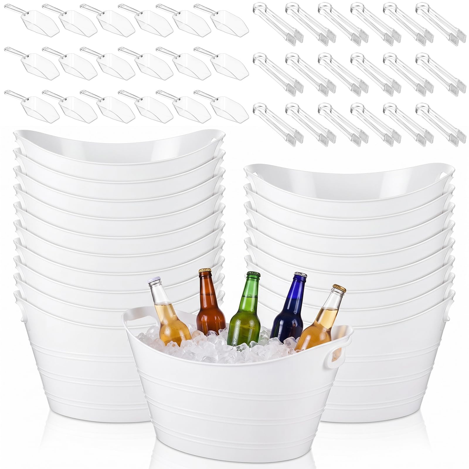 meekoo 18 cubos de hielo ovalados de plástico a granel con asas de 7 L, 18 cucharas de hielo de plástico, 18 pinzas, cubo de champán para fiesta, bar, vino, cerveza, champán, botella de bebidas