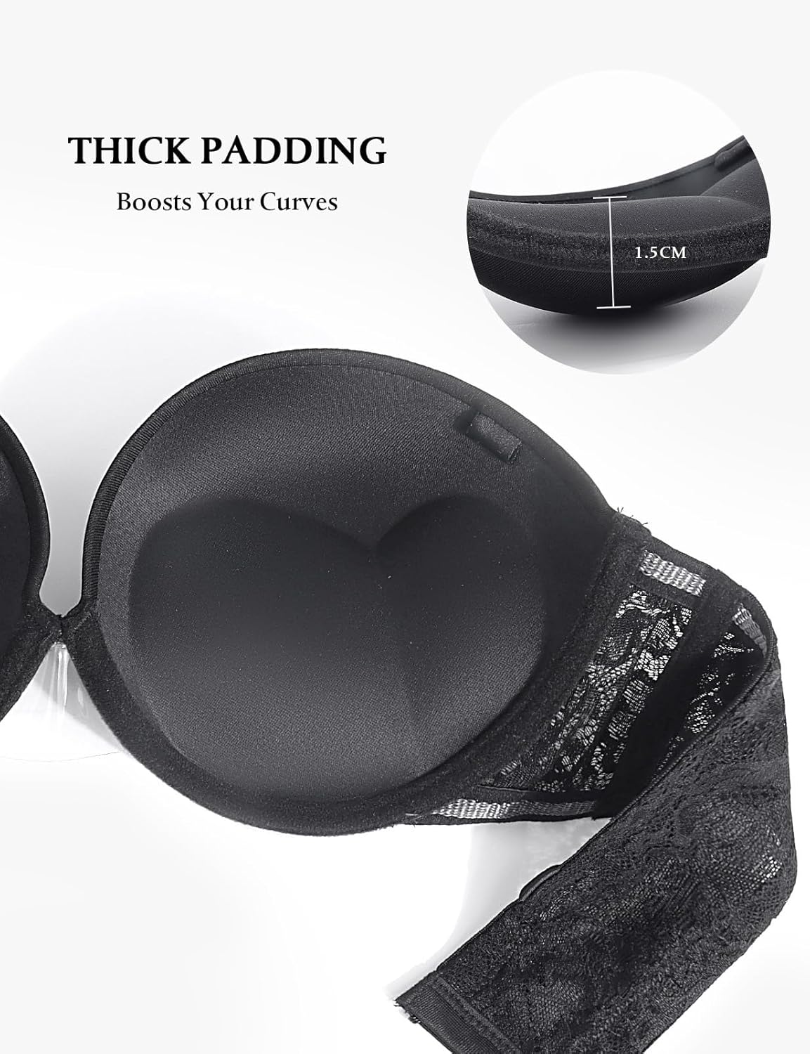 Strapless Push Up Bra with Clear Straps for Women, Thick Padded Underwire Convertible Bras Add One Cup Black 38D - Image 3