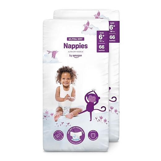 Amazon Brand - Mama Bear Ultra Dry Nappies, Size 6+ (16+ kg), 132 Count (2 Packs of 66), White, Monthly Pack