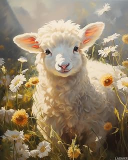 LAENAKR Oil Hand Painting Landscape DIY Paint by Numbers, Sheep Goat Lamb Painting on Canvas for Adults Beginner, 40x50cm, Without Frame