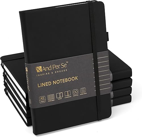 &And Per Se - Cuaderno con rayas estrechas (5 unidades), 160 páginas, tamaño A5 de 5.7 x 8 pulgadas, diario de papel grueso, con tapa dura, para