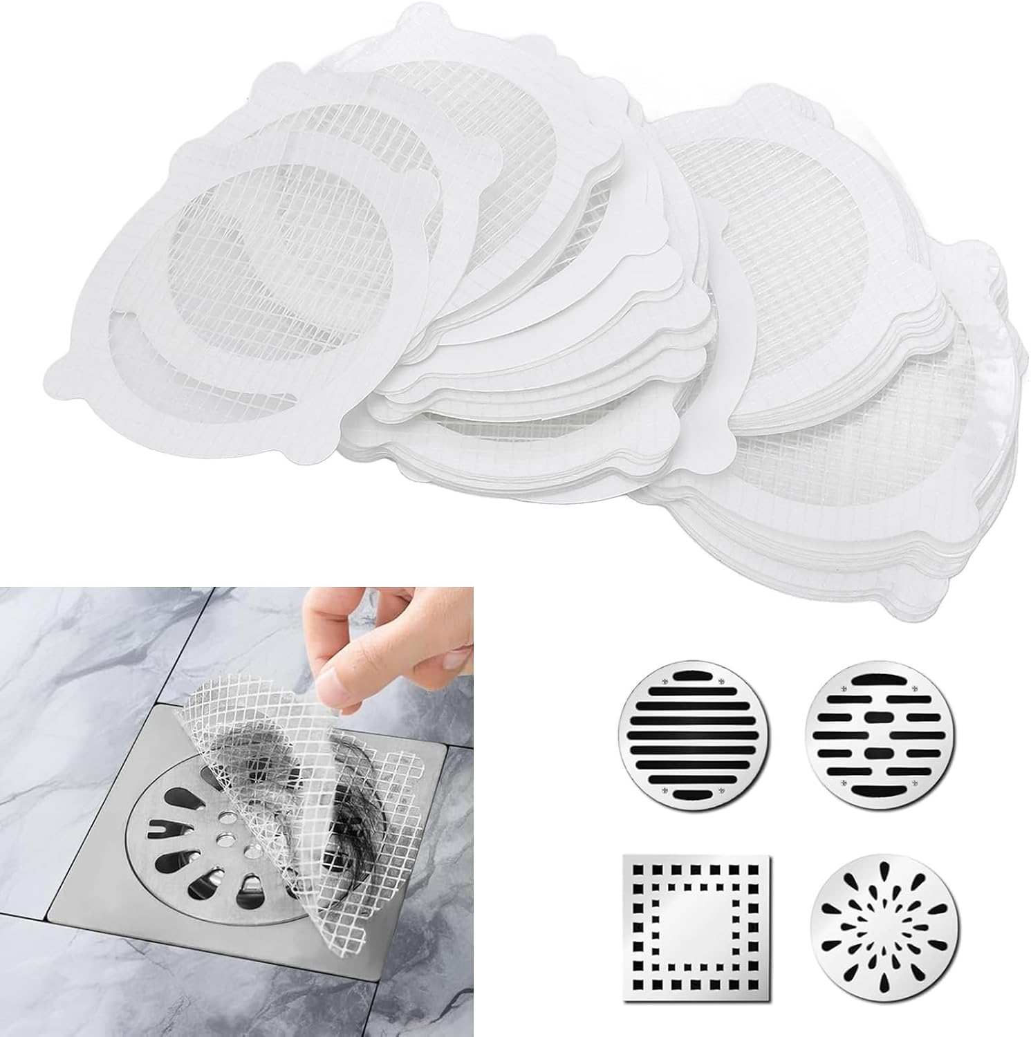 Fiberglass Drain Hair Catcher Sticker, Adhesive Mesh Clog Prevention for Shower Bathroom 12 cm Round Fast Drain Cover Disposable 50 Pack