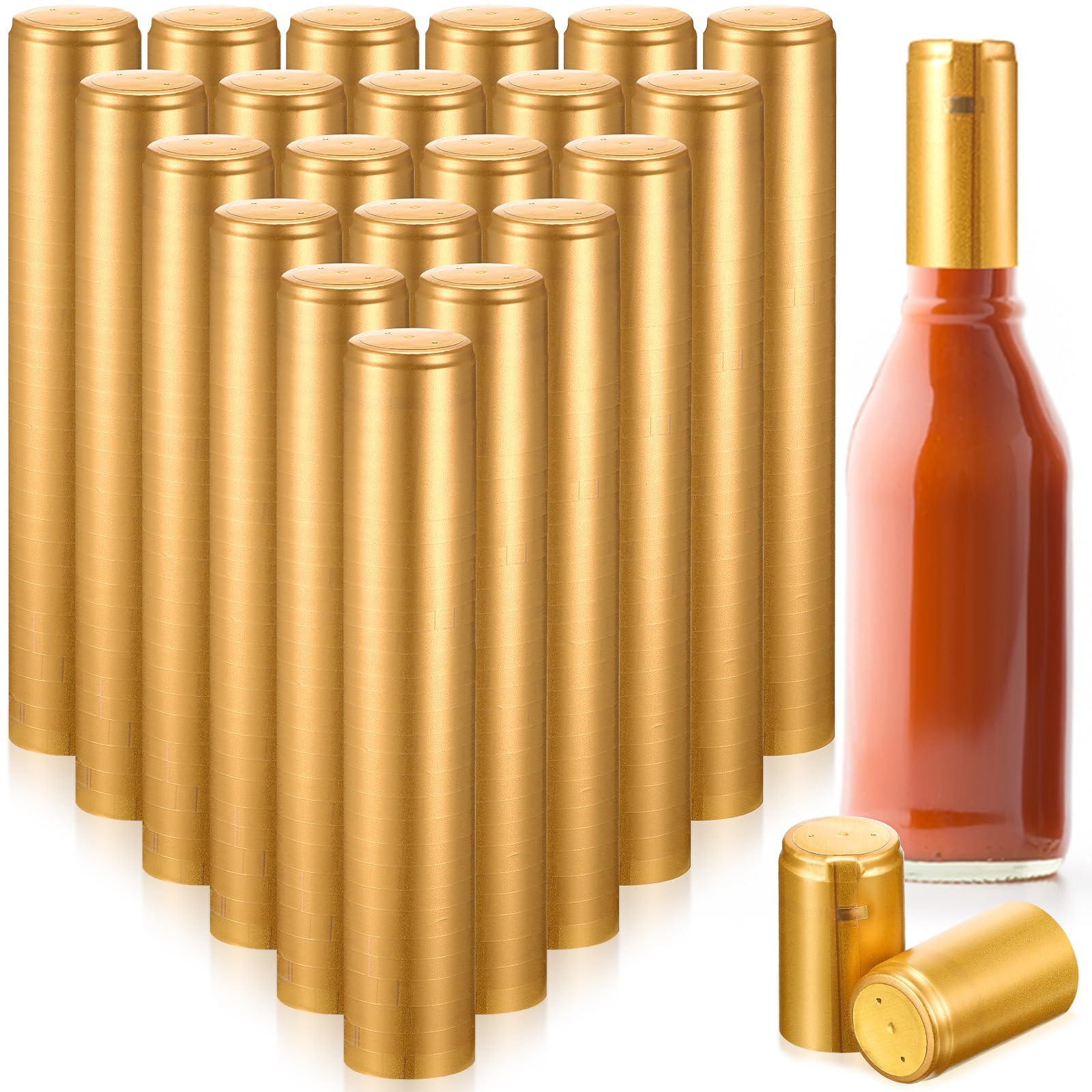 Zonon 200 Pieces PVC Heat Shrink Capsules Hot Sauce Bottles 28 x 50mm Wine Woozy Bottles Capsules Shrink Caps,5oz 10oz (Gold)