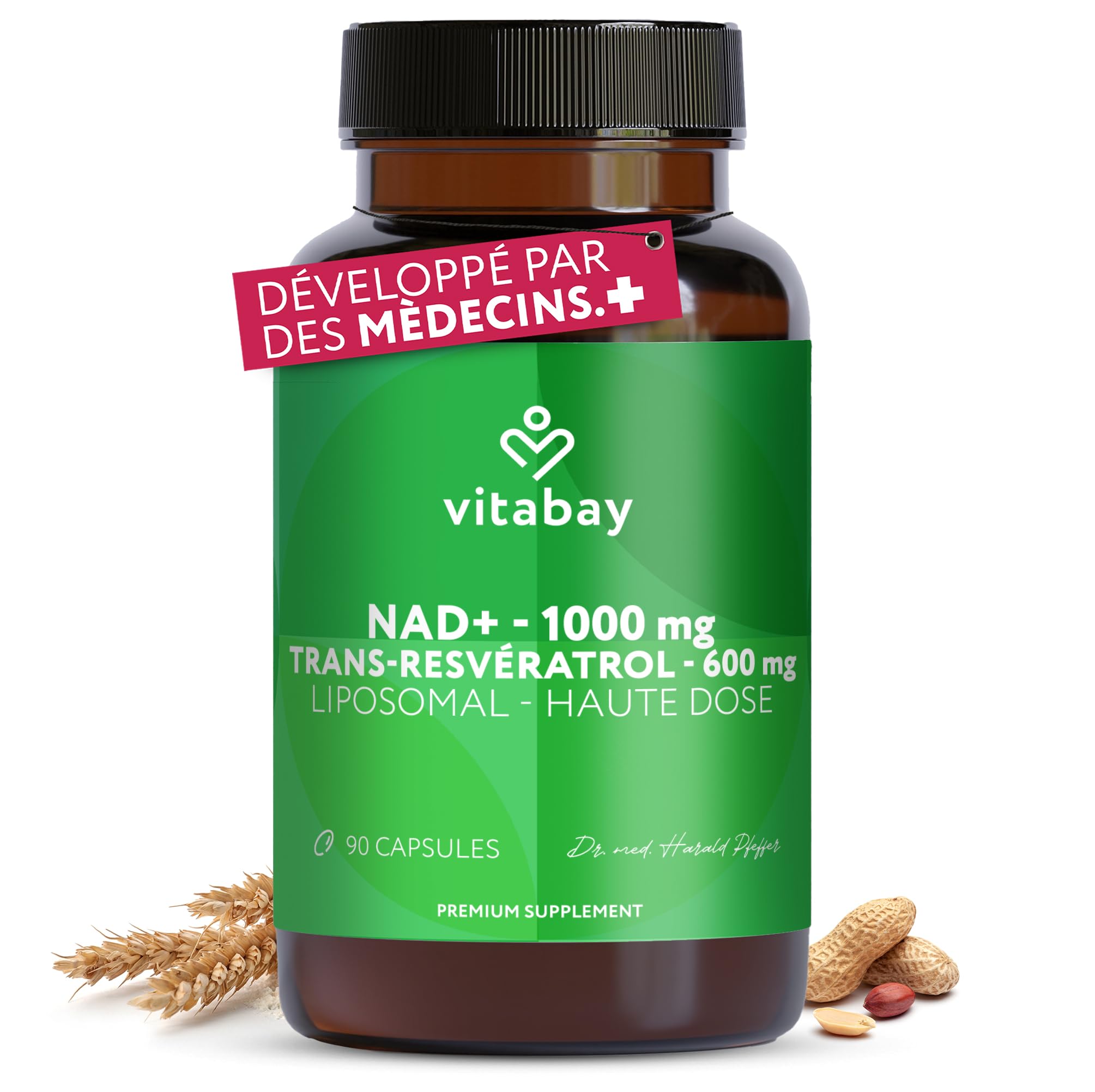 Vitabay NAD+ liposomal 1000 mg avec trans-resvératrol 600 mg - 90 softgels végétaliens - haut dosage, vegan, testé en laboratoire en Allemagne - complément NAD - sans OGM - 45 jours