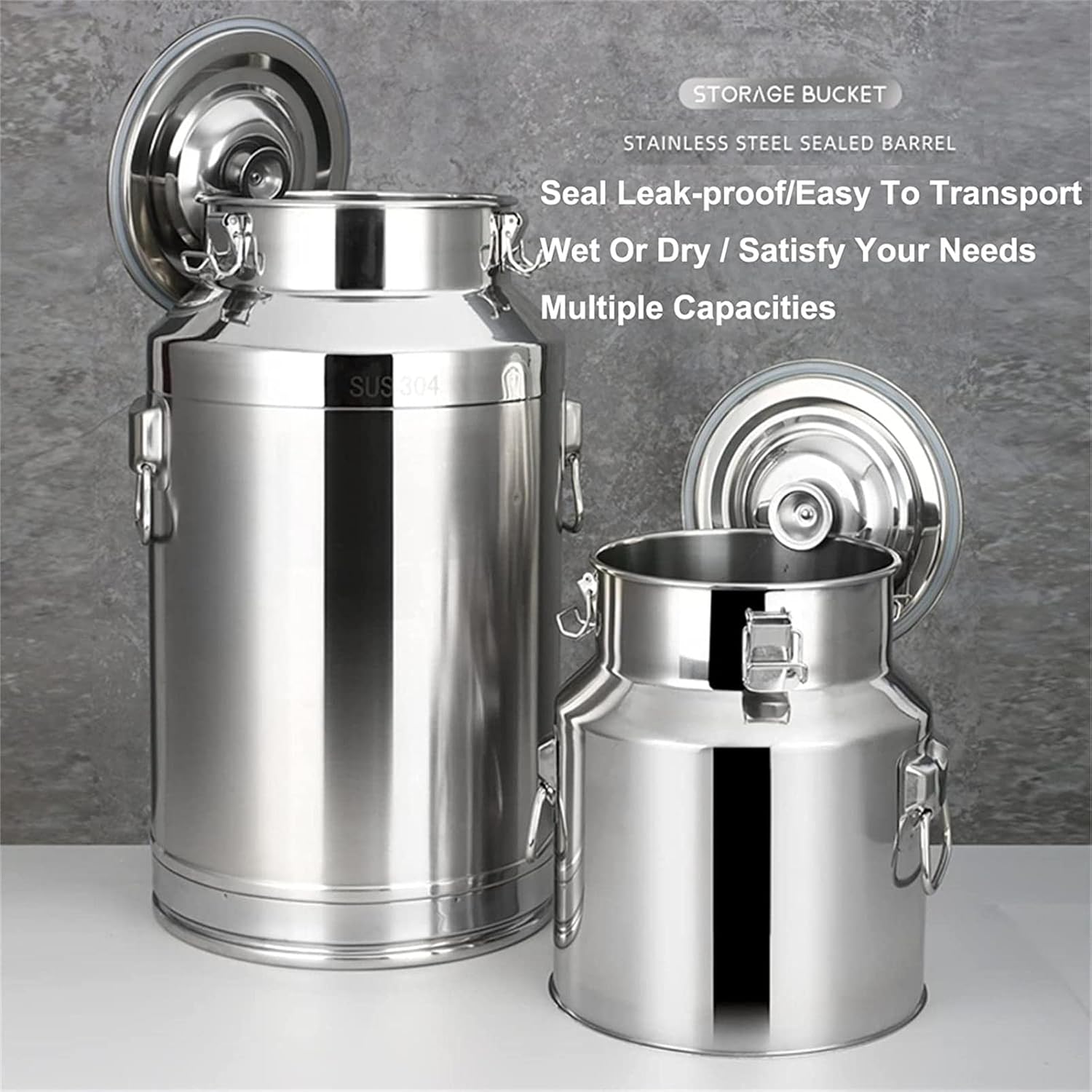 Milk Bucket - Stainless Steel Milk Can Tote Jug with Sealed Lid & Handle for Milk/Liquid Storage, Anti-Leak Ring Lock Easy to Open Use,64L,88L,88L