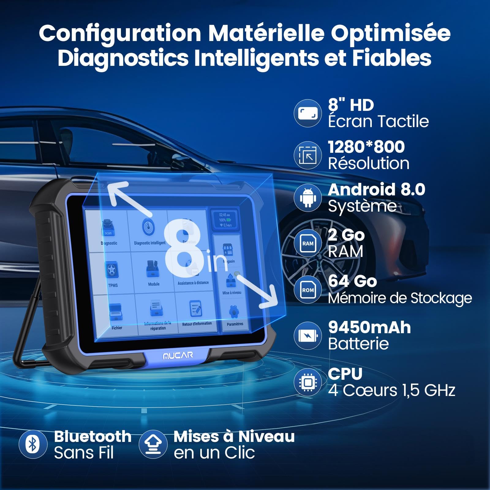 MUCAR VO8 Outil de Balayage Bidirectionnel, Diagnostic OE à l'échelle du Système, Codage ECU, Test Proactif, 34+ Services, FCA Auto Verification, Gratuit à Vie