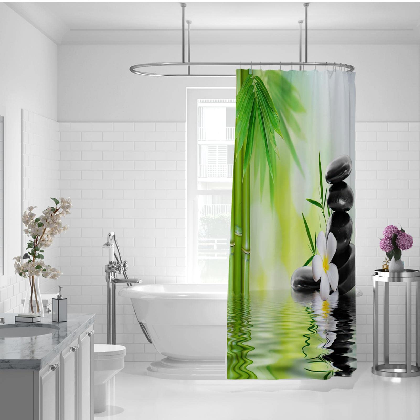 pietra doccia Tende verde bambù orchidea acqua riflessione impermeabile tessuto doccia tende per bagno lavatrice asciugatura rapida 200x200cm