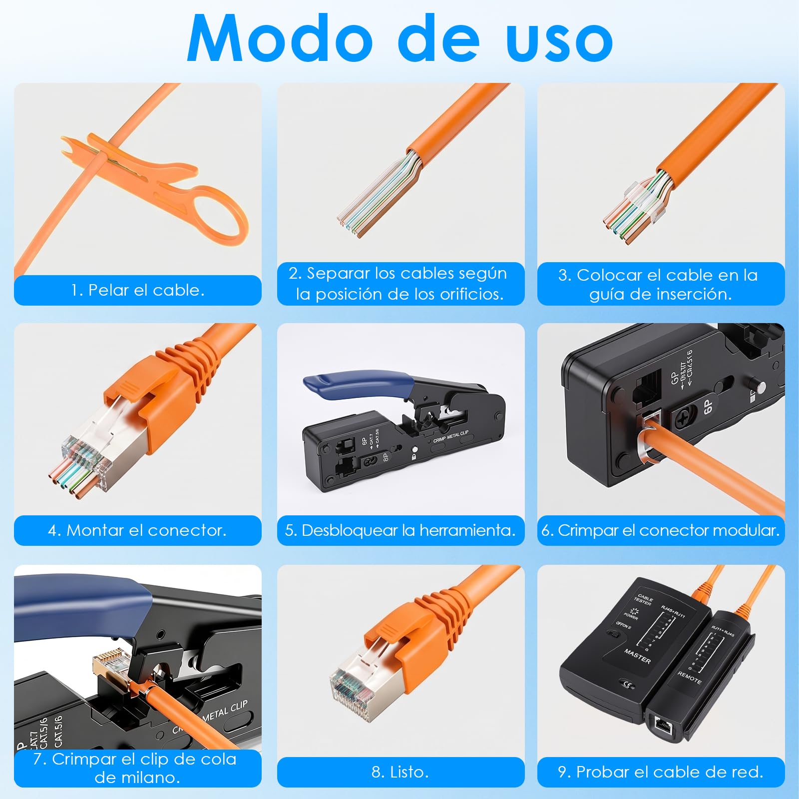 Juego de herramientas de red RJ45, pase de crimpado para Cat7 Cat6 Cat5, probador de cable LAN, herramienta LSA, 10 x clavijas RJ45, 4 x conectores sin herramientas Cat7, para RJ11 RJ12