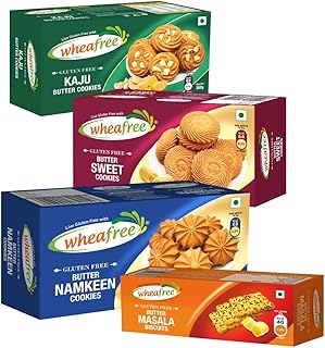 Wheafree Gluten Free Butter Cookies Combo -Masala + Namkeen + Sweet + Kaju Cookies (Pack of 4) | 720g | Best Tea Time Snacks | Natural, Gluten Free & Veg Ingredients