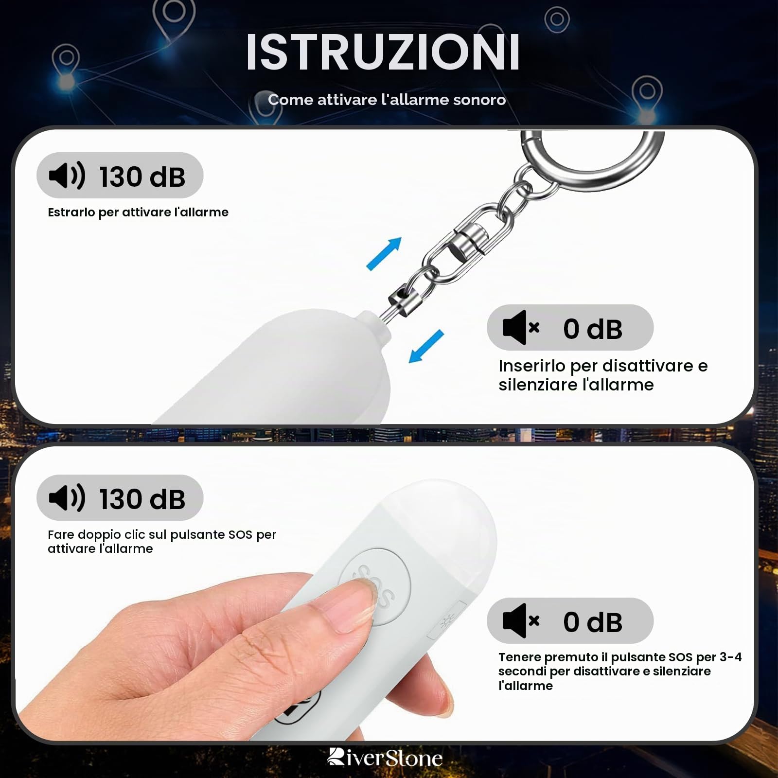 River Stone Allarme di Sicurezza Personale 130dB per Apple FindMy iOS (14.5+) Porta Chiavi Localizzatore Anti-aggressione, Sirena di Emergenza per Donna Bambino Anziano, Localizzazione, Auto-difesa