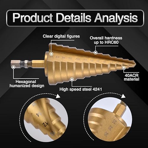 Miniatura 3 de KATUR Broca escalonada de titanio HSS en espiral, broca Unibit para cortar agujeros de perforación en acero, hoja de metal, múltiples agujeros