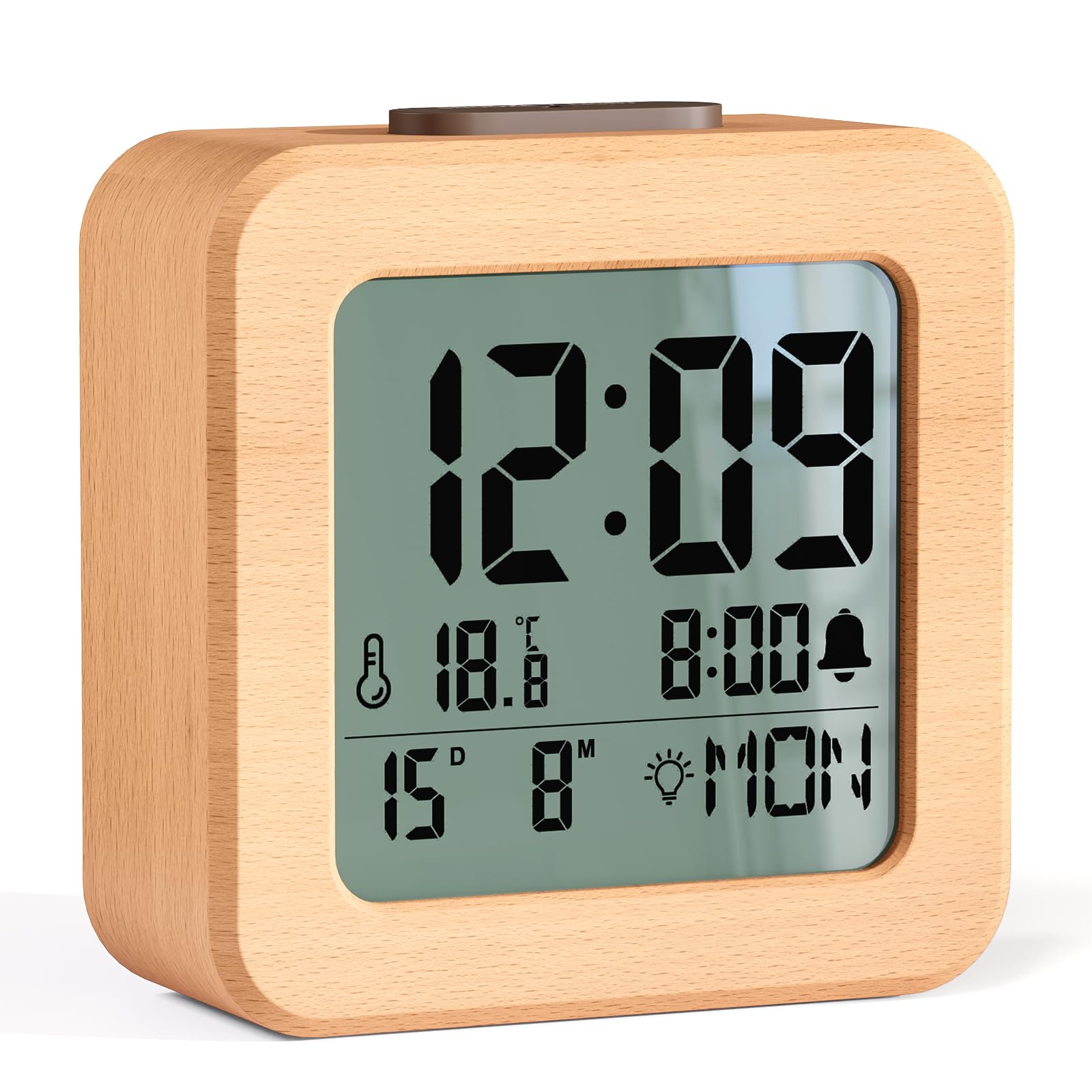 HERMIC Alarm Clock, Wooden Digital Alarm Clock Bedside Battery Powered with Temperature, Date, LCD Backlit, Light Sensor, Snooze, 12/24H, Loud Clock for Heavy Sleepers【3 AAA Battery Included】