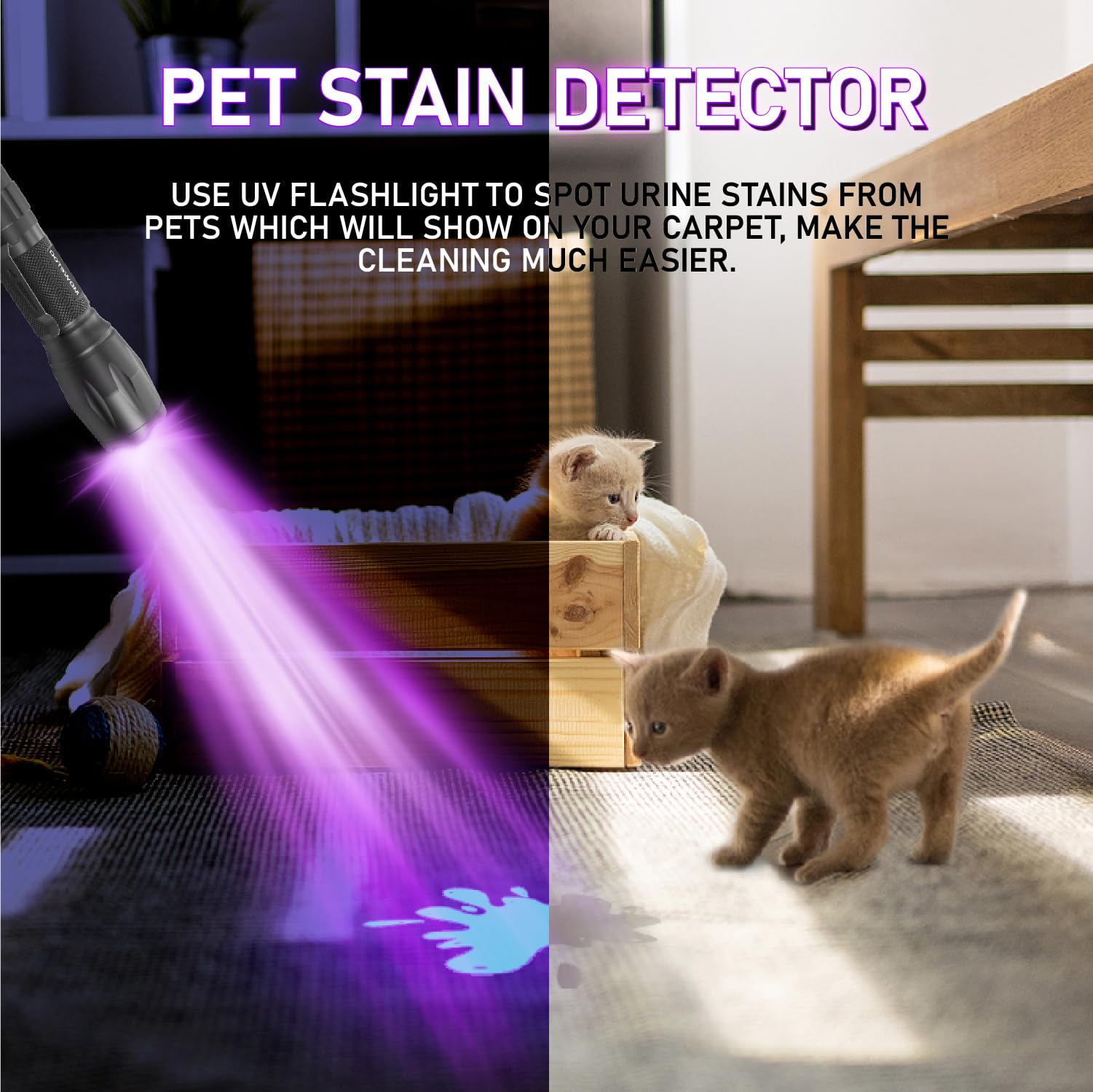Linterna LED, linterna UV 2 en 1, luz ultravioleta Linternas LED de luz negra con iluminación de 500LM y 4 modos para ropa para mascotas