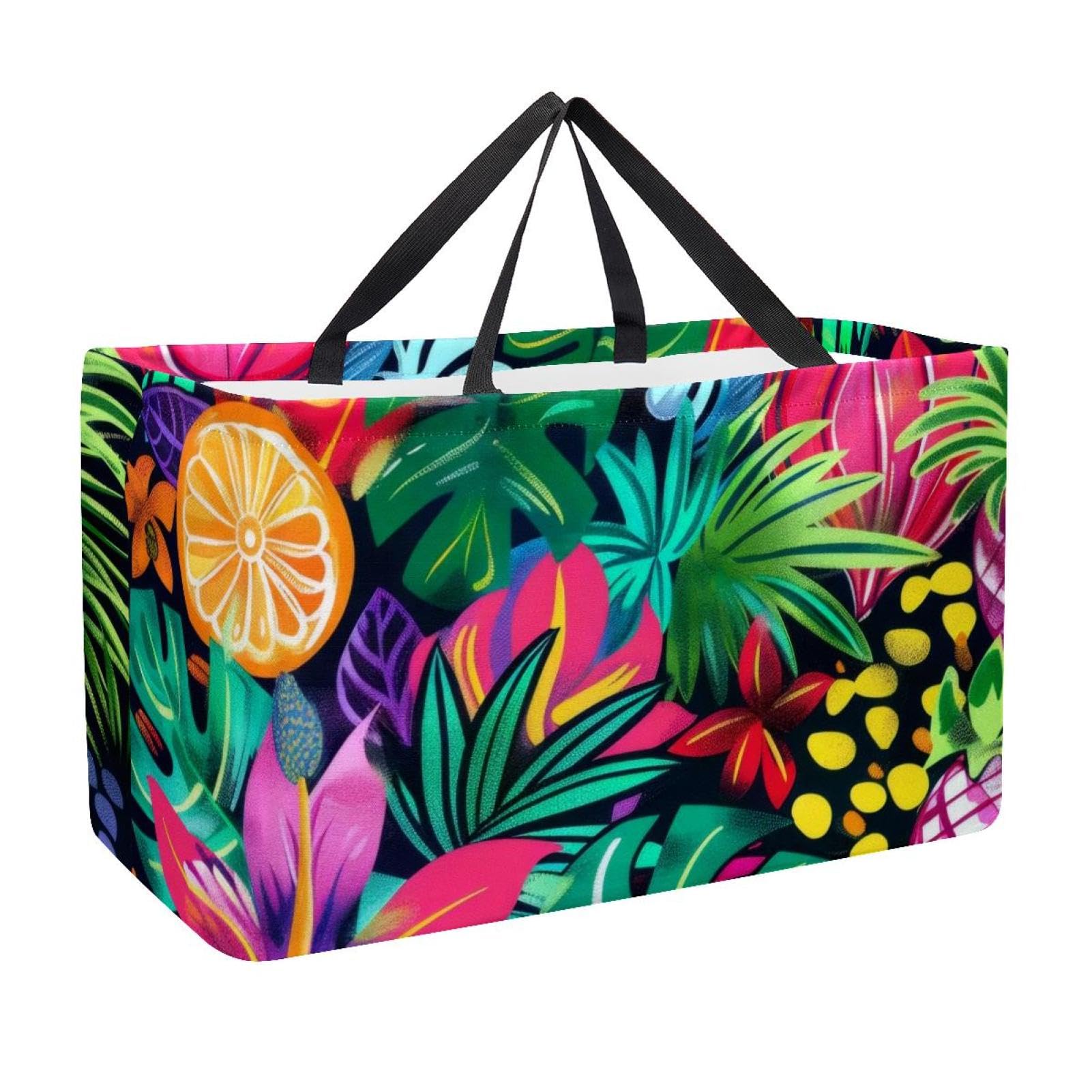 Grand sac de courses à motif tropical estival coloré, réutilisable, pliable et lavable pour la plage, le pique-nique, le camping, multicolore, 22.0x12.6x11.4 in/56x29x32 cm