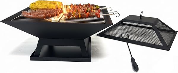 Relaxdays Feuerschale, HxBxT: 36x45x45 cm, mit Grillrost, Funkenschutz, Schürhaken, Stahl, Feuerstelle Garten, schwarz - 1